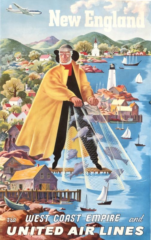 Charming New England fishing village, fisherman with net, airplane above; yellow, blue, green