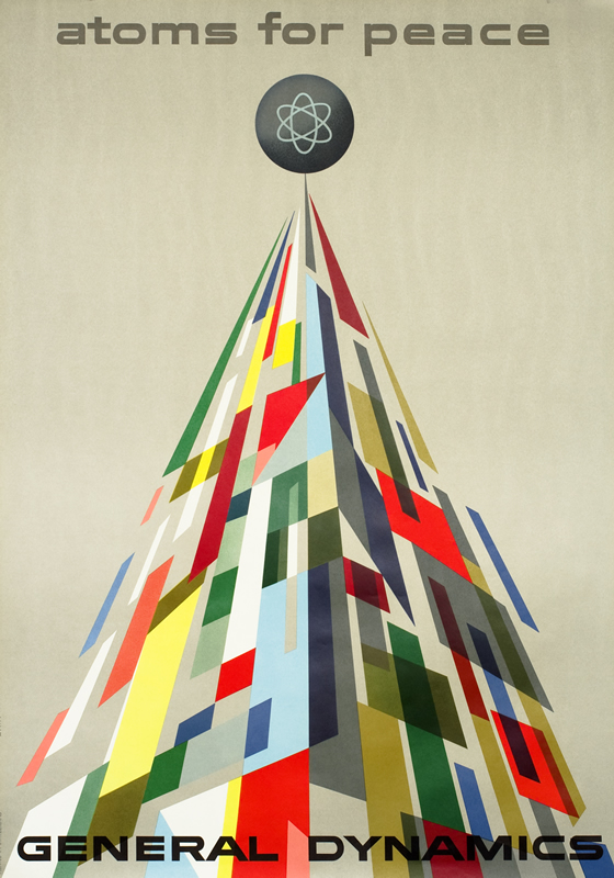 Atom atop multicolored abstract tower of flags; gray, red, black, yellow