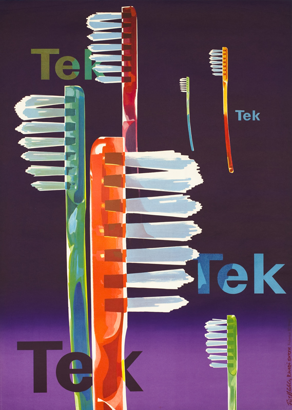 Several toothbrushes against text and background; purple, orange, green, red
