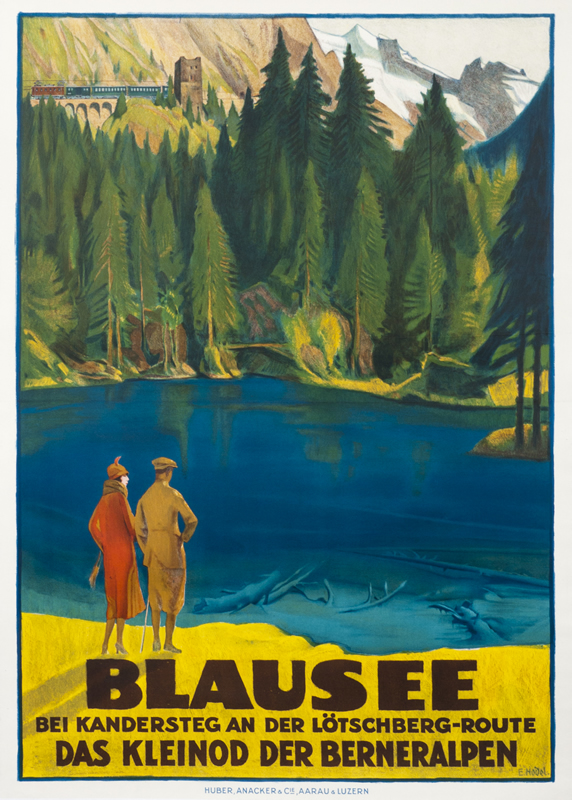 Couple look out over lake; blue, yellow, green