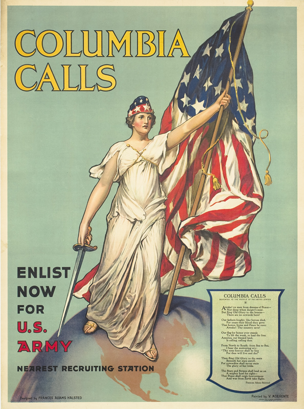 Columbia, sword and flag in her hands, calls for recruits; blue, red, white, yellow