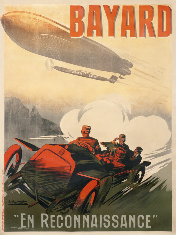 Armed car speeds by with zeppelin overhead; red, gray, yellow