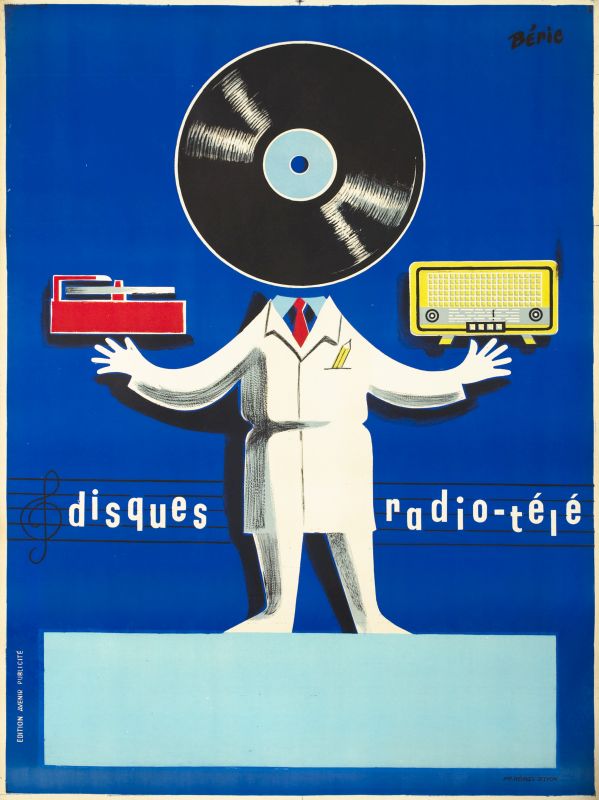Man with phonograph for a head holds radio and record player; blue, white, red, yellow