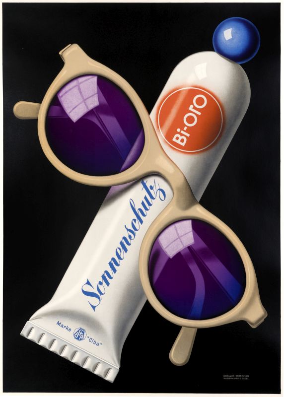 Close-up view of sunglasses and sun tan lotion tube; white, blue, black, purple