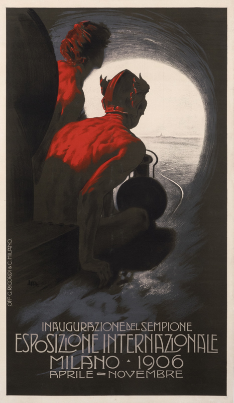 Mercury rides train thru Simplon Tunnel towards Milan in distance; red, black