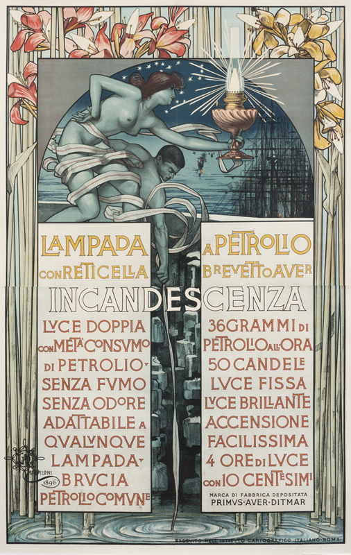 Naked woman holds lamp lighting up waterfront with text; blue, yellow, white, red