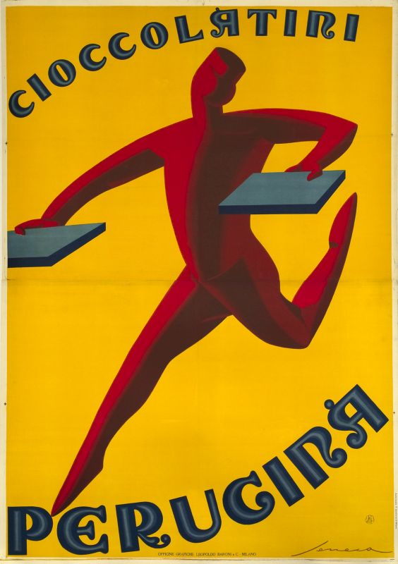 Abstract pageboy running, carrying boxes of chocolate; yellow, red, blue