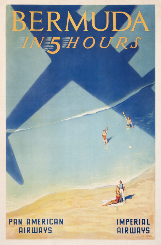 Bathers on beach wave to plane casting shadow on ocean; blue; yellow