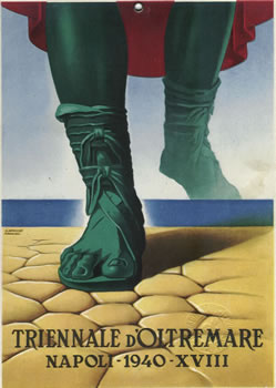 Foot of Roman soldier strides ashore; red, green, beige