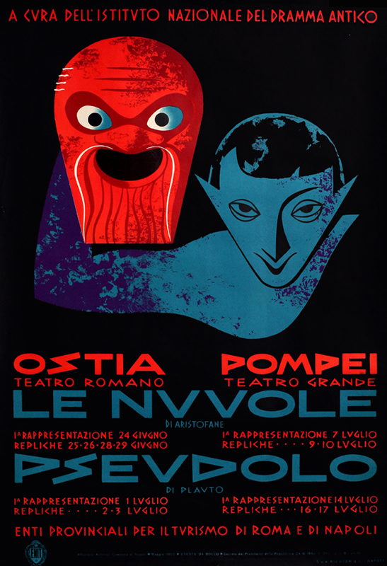 Satyr holds Greek drama mask; red, blue, black