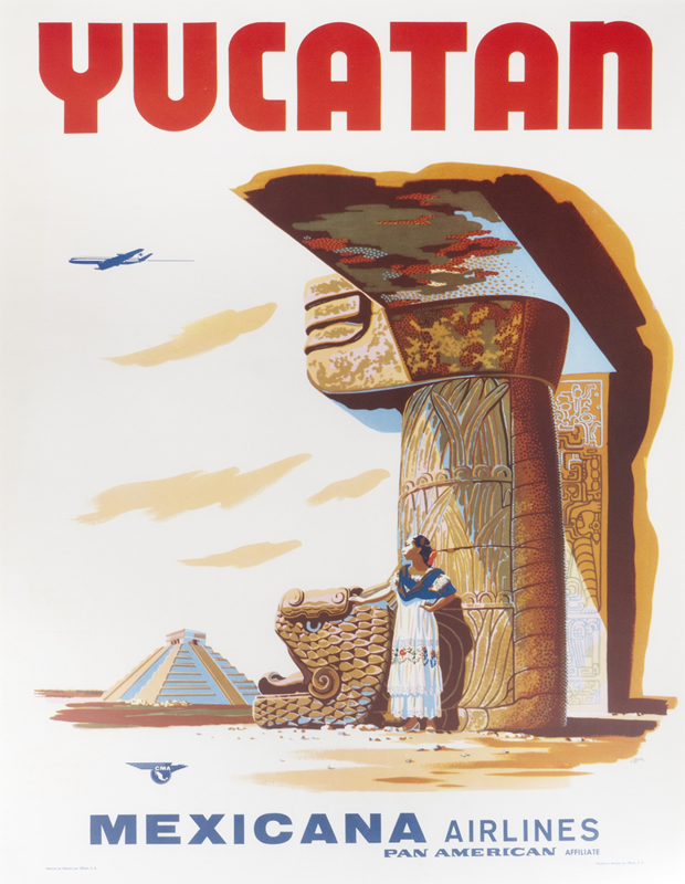 Plane flying over Mayan pyramid and stone monument; red, brown, blue