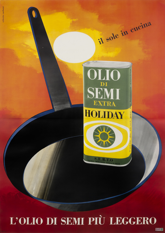 Frying pan with can of olive oil, egg, and sun; orange, red, green, yellow, blue