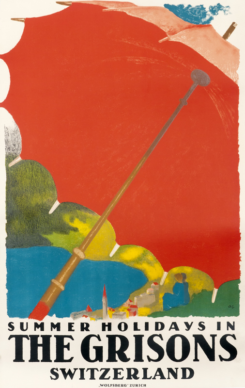 Red umbrella against blue sky above town and lake; red, yellow, blue, green