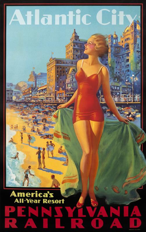 Woman in swimsuit in front of beachfront hotels and boardwalk; red, brown, green, blue