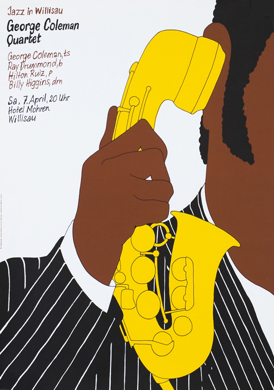 Man holds saxophone to ear like telephone; yellow, brown, black, white