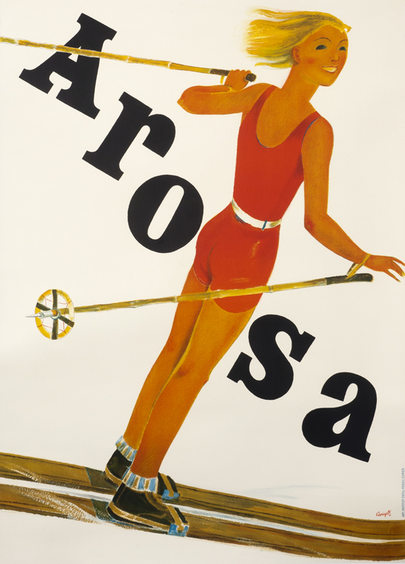 Blonde woman skiing in jumpsuit; red, white, yellow