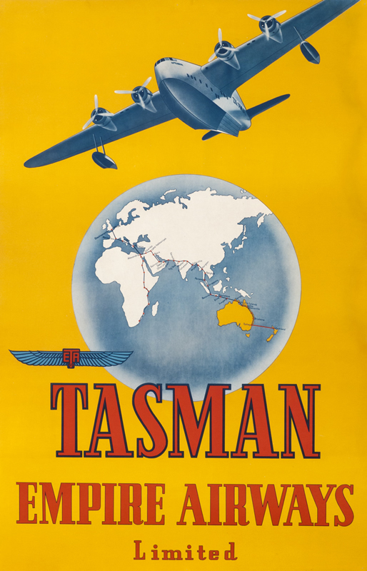 Route map from London to South Africa and Auckland under plane; orange, blue, red