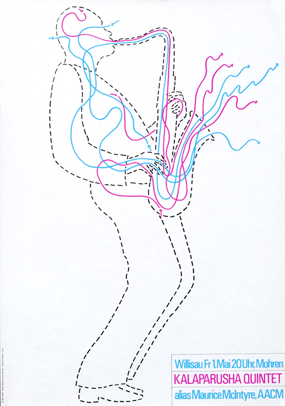 Man drawn in outline plays saxophone, music emanating; pink, blue, white, black