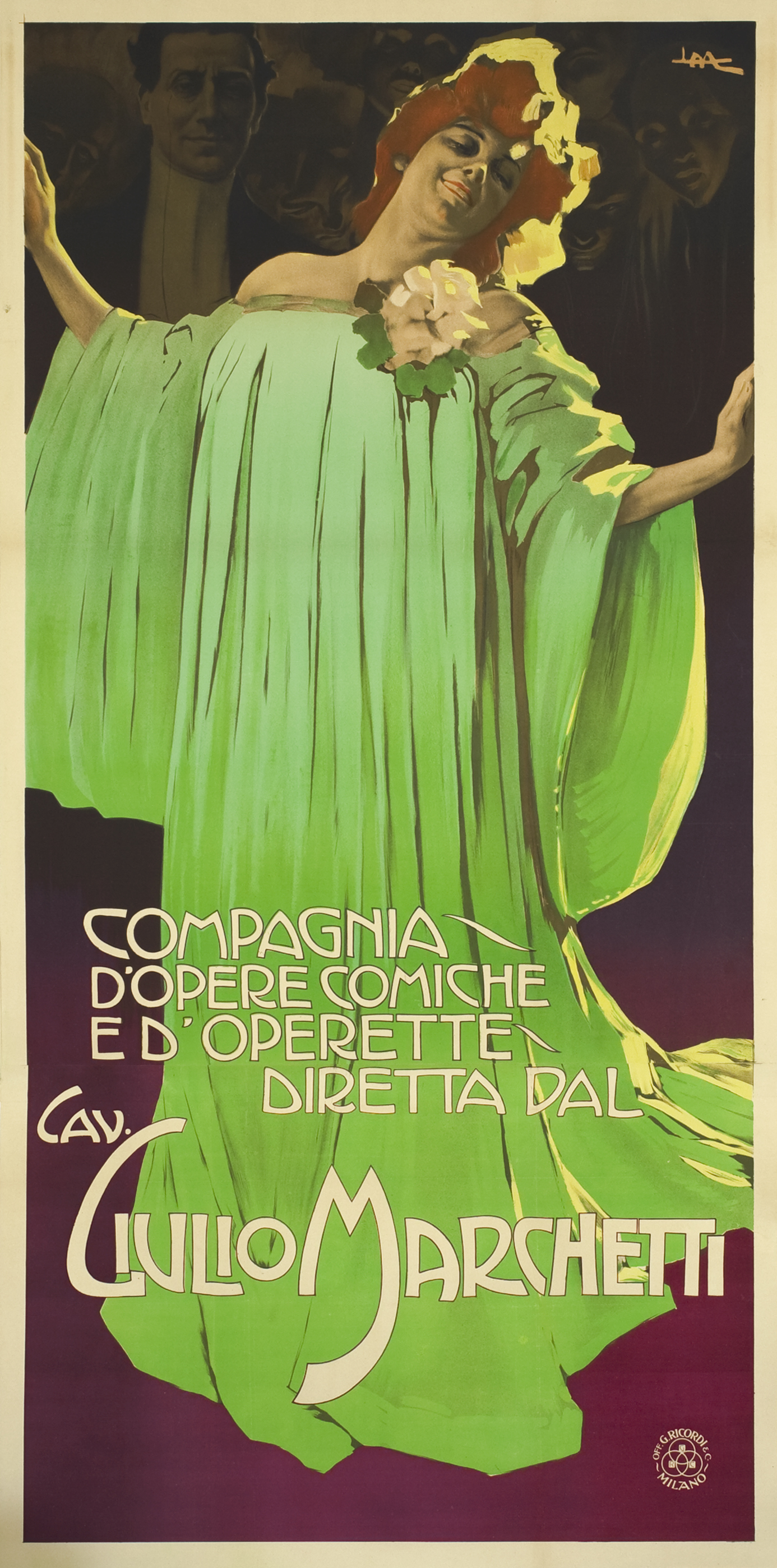 A singer in flowing gown with admirers and theatrical masks behind; green, purple