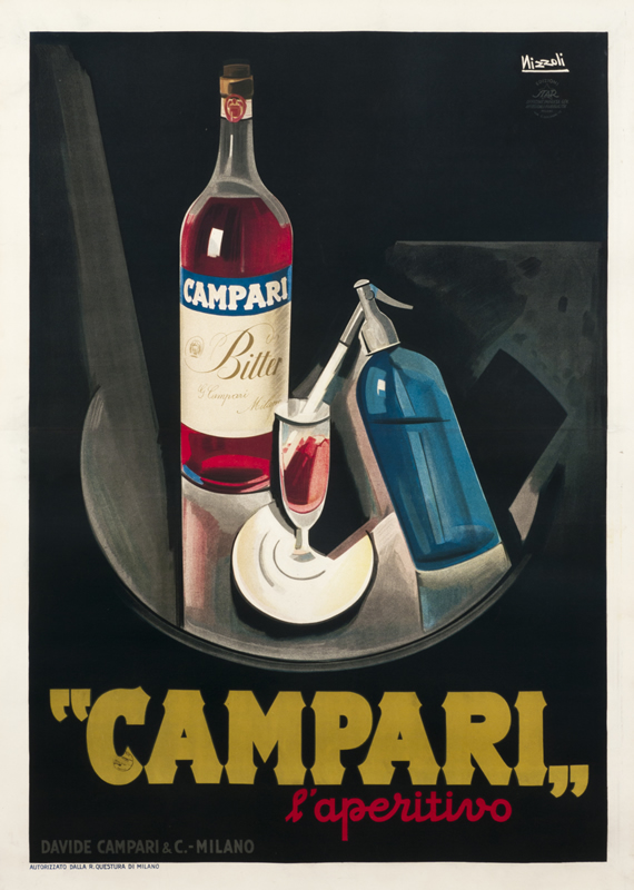 Still life with Campari bottle, seltzer, and  glass; black, red, blue, yellow