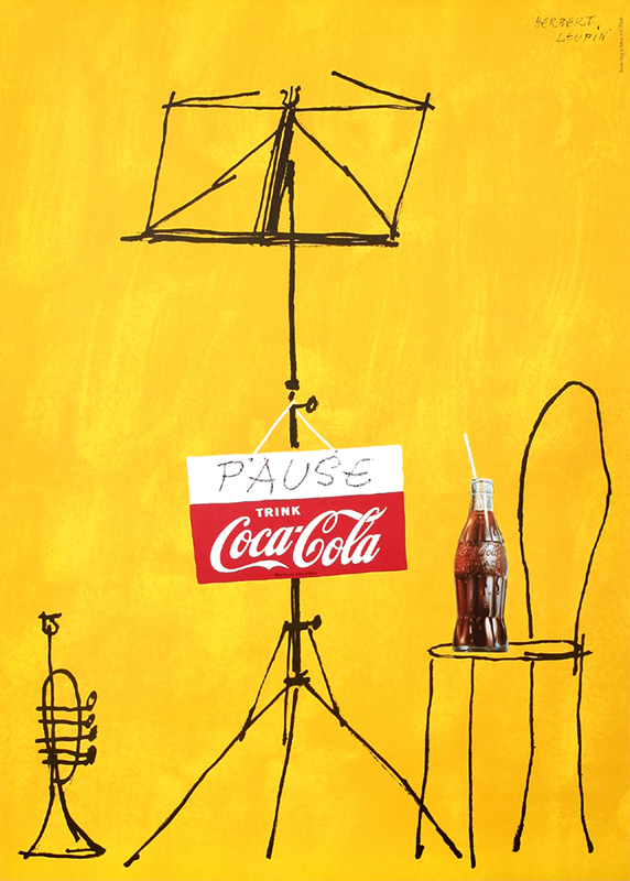 Coke bottle rests on sketched chair next to music stand and trumpet; black, yellow, red