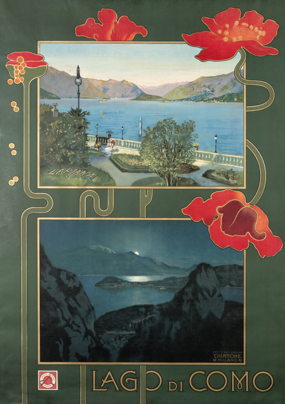 Day and night scenes of Lake Como, floral border, mountains; green, pink, orange, blue