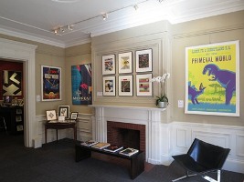 Poster exhibition at International Poster Gallery; yellow, beige, white, black