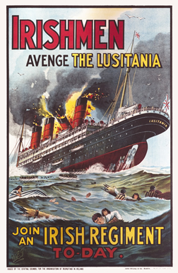 Castaways struggle in the ocean as burning ship sinks behind; blue, red, yellow