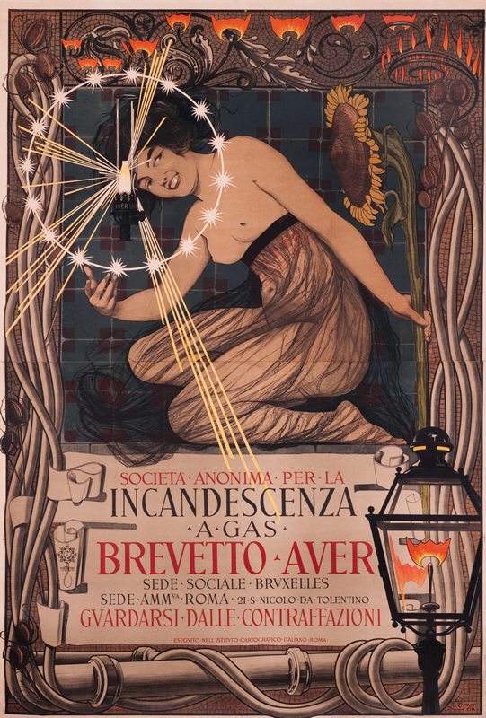 Woman in flowing gown shows gas light bulb radiating light; orange, green, beige