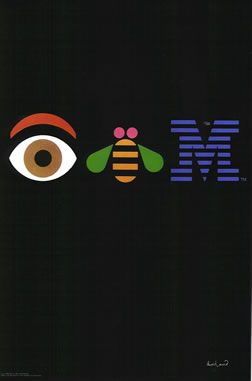 Eye, bee, M on black; white, brown, blue, orange, green