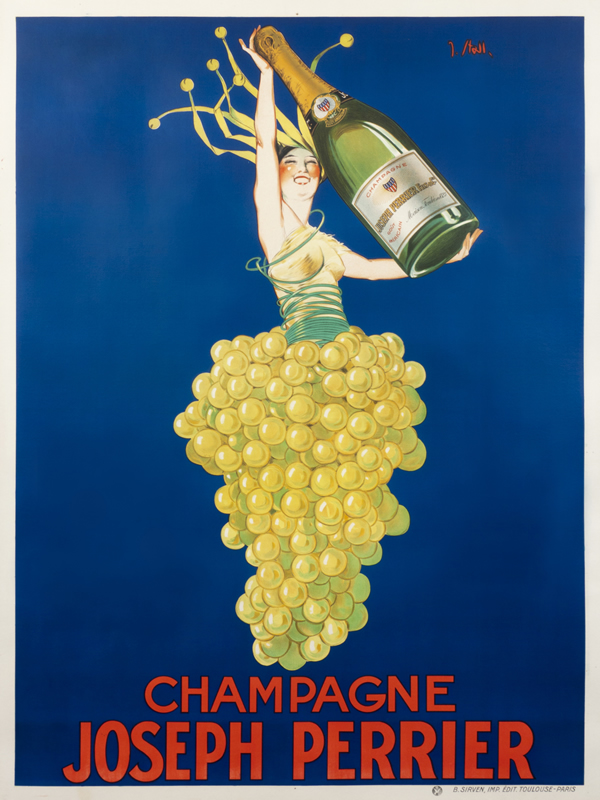 Woman clothed in grapes and crown holds champagne bottle; blue, green, red