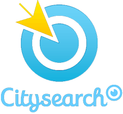 City Search logo; white, blue, yellow