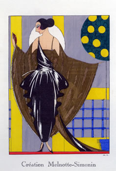 Woman in fancy dress and extravagant cape leans beside lemon topiary; brown, yellow