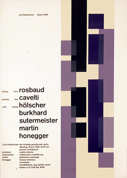 Geometric rectangles juxtapose text; purple, black, cream