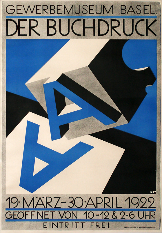 Printing block with a letter A lifting off freshly printed copy; blue, black, white