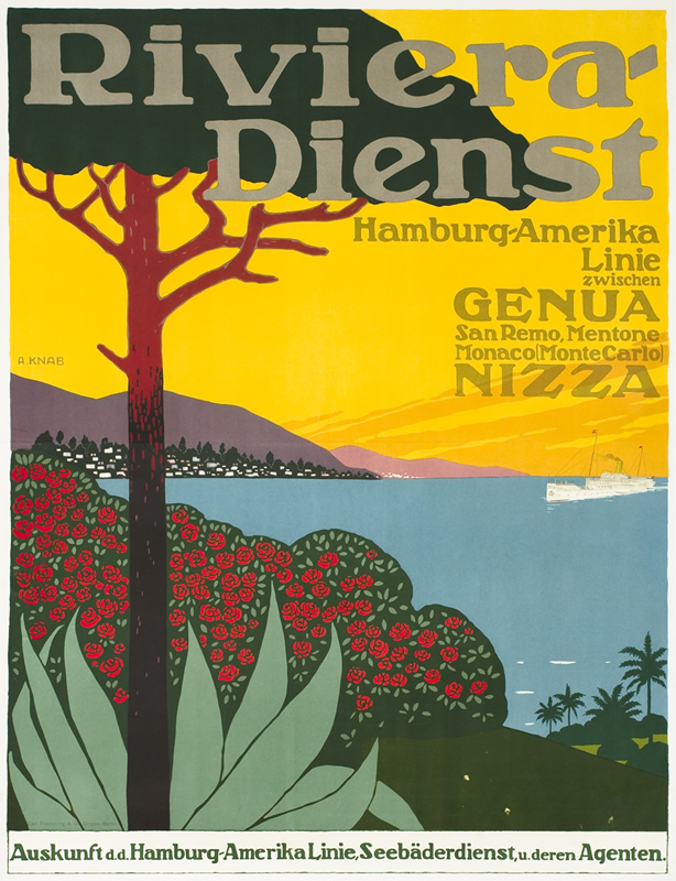 View of ocean and coast, trees and flowers in foreground; yellow, blue, green, red