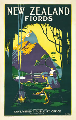 Family peers through clearing at ship and mountains; green, purple, blue and yellow