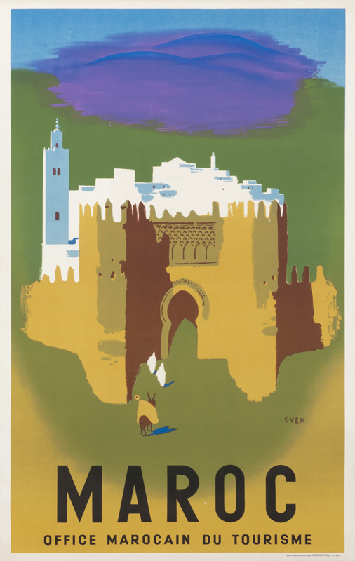 Camel and rider approach Arab city of Fez; green, purple, blue, brown