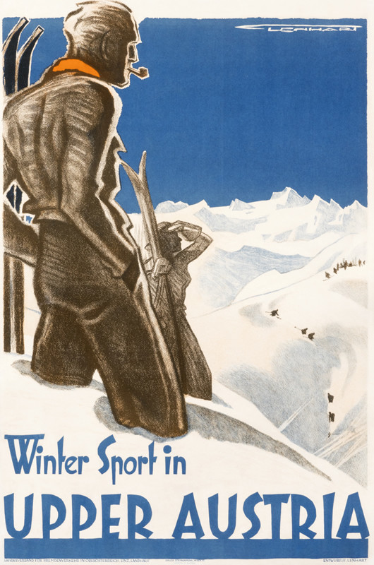 Man with cigar and woman on mountain with skis looking down at other skiiers; brown, white, blue