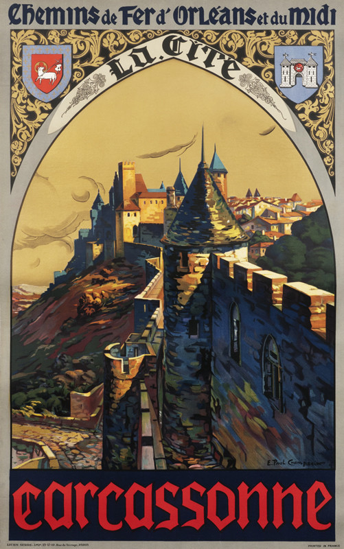 Painterly view of walled city; blue, pink, brown