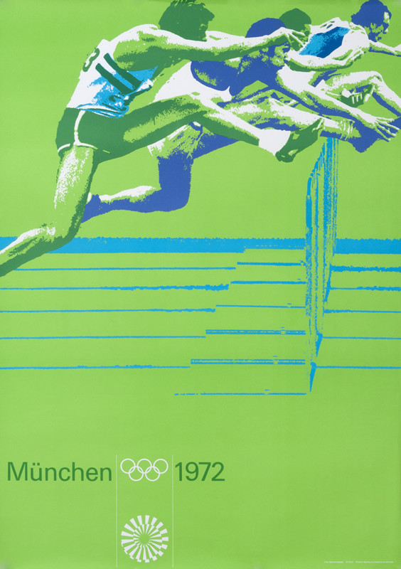 Men leap over hurdles; green, blue