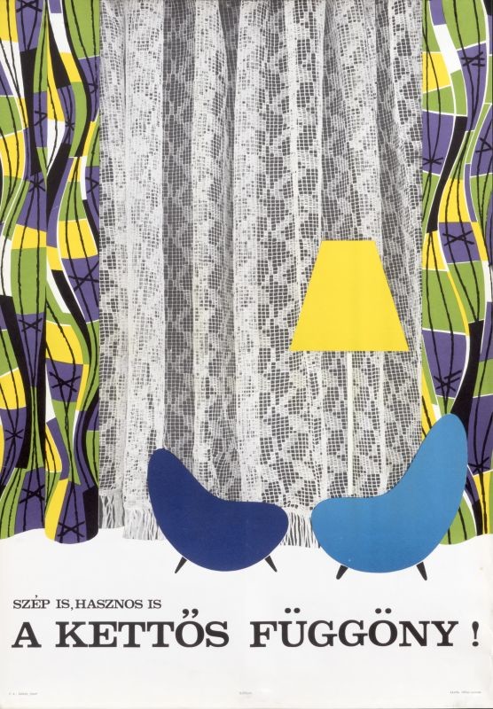 Two abstract chairs and lamp with photographic textile pattern and curtains; purple, green, yellow, blue black