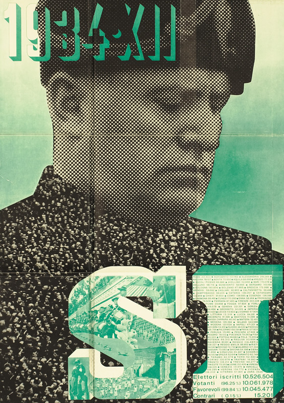 Il Duce looks down at massive crowd that forms his coat; green, white, black, white