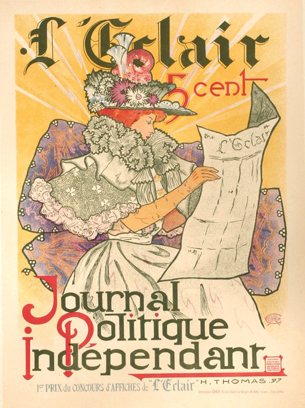Woman in fine dress reads newspaper; yellow, green, purple, pastel