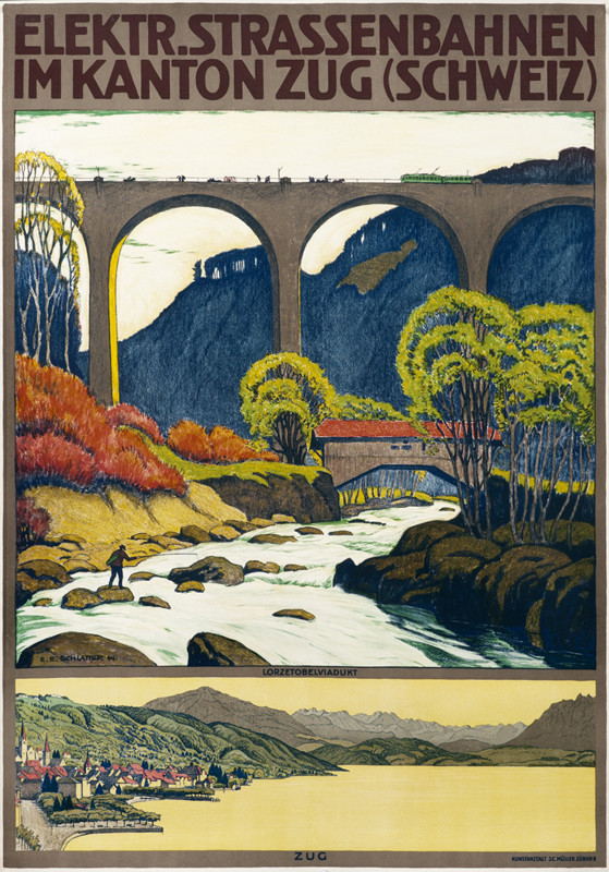 Train on bridge crosses river valley with fisherman, landscape inset below; brown, green, yellow, blue