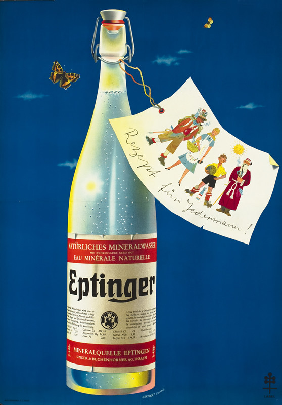Bottle of water with label with soccer player, old man, etc; blue, red, white, yellow