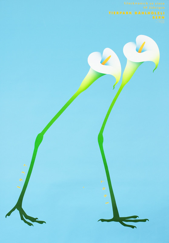 Walking bird legs turn into orchids at top; blue, green, orange, white