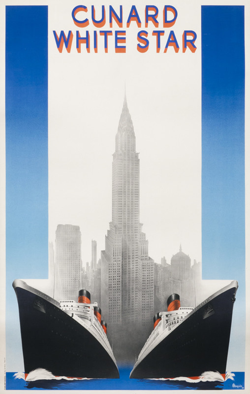 Queen Elizabeth & St Mary sail out of New York harbor, Chrysler Building behind; red, blue, black