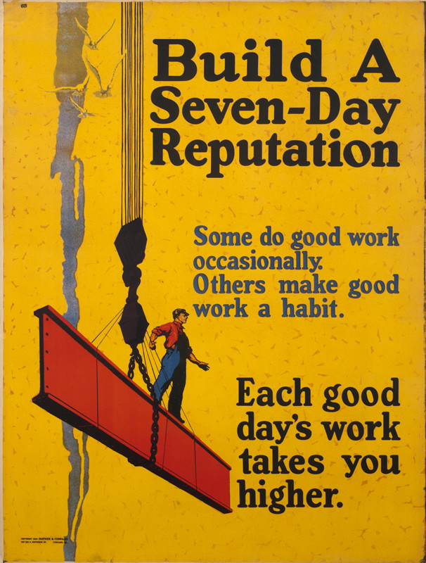 Man standing on descending on a steel beam looking down skyscraper
; yellow, blue, red