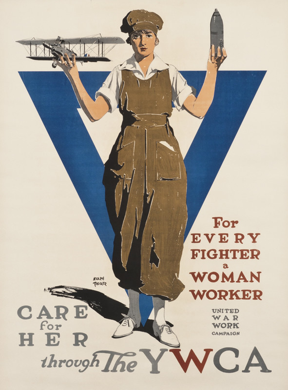 Woman holding up bomb in one hand and a plane in the other; white, blue, brown